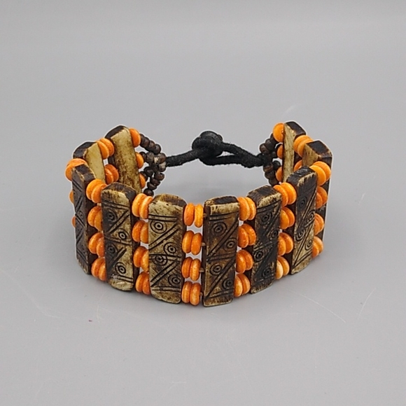 Handmade Engraved Wood & Bead Wide Cuff Bracelet with Black Cord Button Closure - Picture 12 of 12